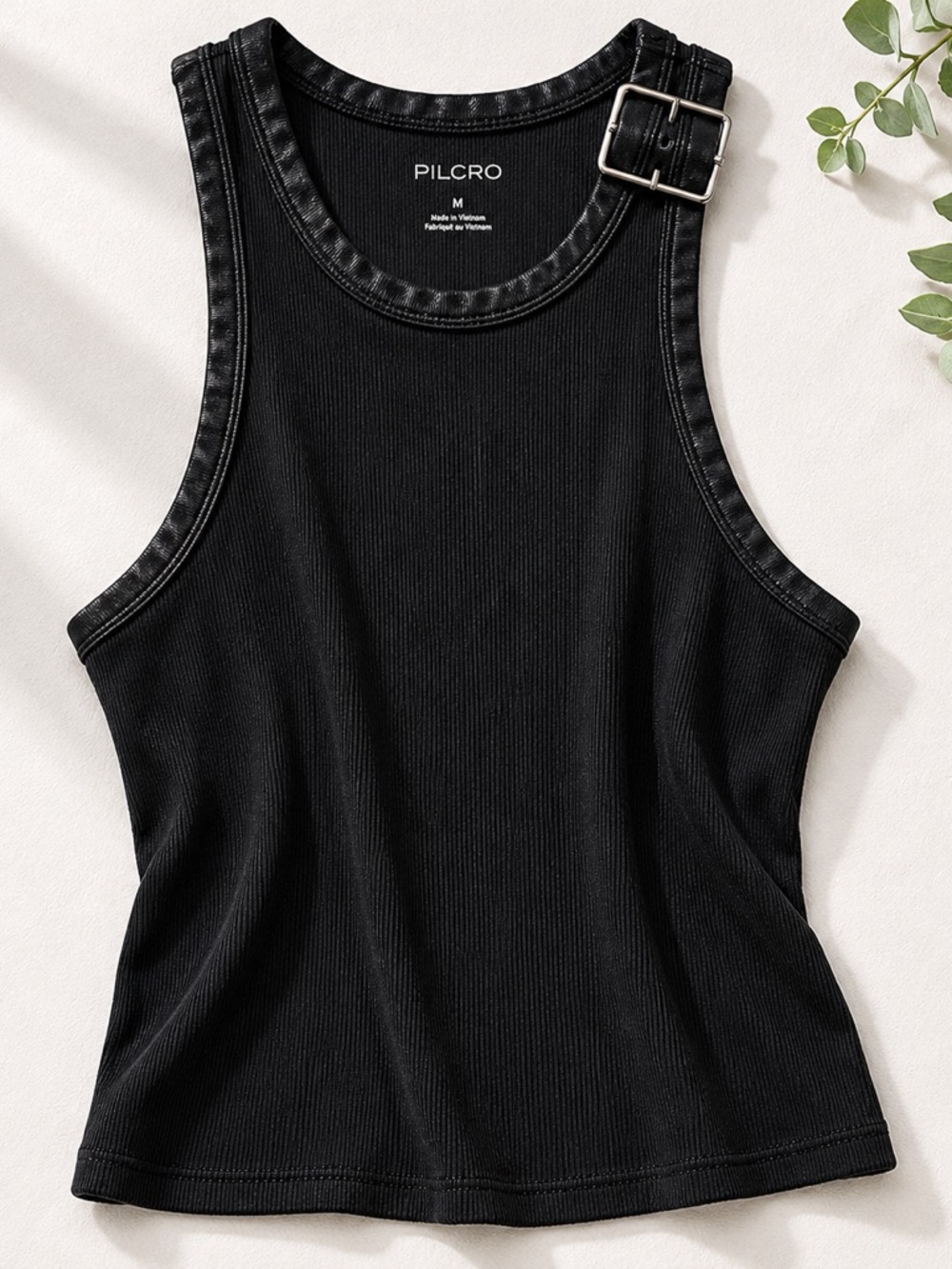 Pilcro Black Ribbed Tank with Buckle Strap
